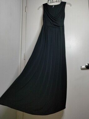 Koh Koh (Sz 1/S) Classic Black Stretch Sleeveless Maxi Dress with Draped Bodice